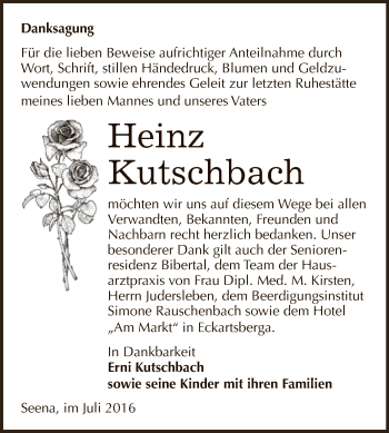 Traueranzeige von Heinz Kutschbach von WVG - Wochenspiegel NMB / WSF / ZTZ