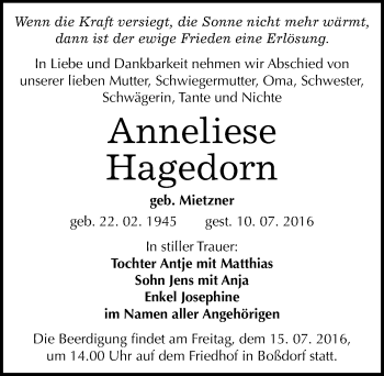 Traueranzeige von Anneliese Hagedorn von Mitteldeutsche Zeitung Wittenberg
