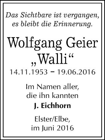 Traueranzeige von Wolfgang Geier von Mitteldeutsche Zeitung Wittenberg
