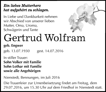 Traueranzeige von Gertrud Wolfram von Mitteldeutsche Zeitung Sangerhausen