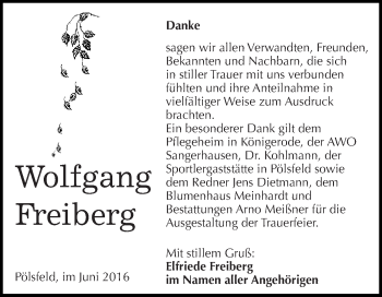 Traueranzeige von Wolfgang Freiberg von Super Sonntag SGH Mansf. Land
