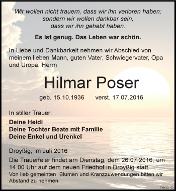 Traueranzeige von Hilmar Poser von Mitteldeutsche Zeitung Zeitz