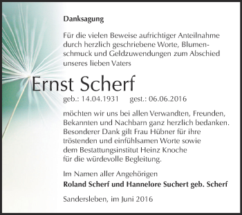 Traueranzeige von Ernst Scherf von Super Sonntag Aschersleben