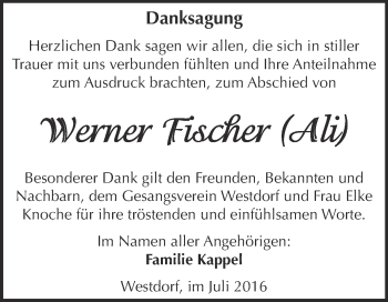 Traueranzeige von Werner Fischer von Super Sonntag Aschersleben