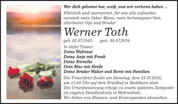 Traueranzeige von Werner Toth von WVG - Wochenspiegel Quedlinburg