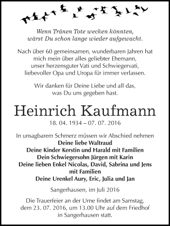 Traueranzeige von Heinrich Kaufmann von Super Sonntag SGH Mansf. Land