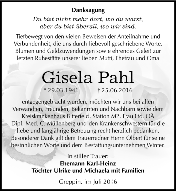 Traueranzeige von Gisela Pahl von Mitteldeutsche Zeitung Bitterfeld