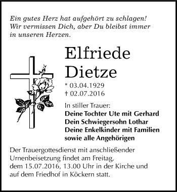Traueranzeige von Elfriede Dietze von Mitteldeutsche Zeitung Bitterfeld