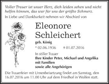 Traueranzeige von Eleonore Schleichert von WVG - Wochenspiegel Bitterfeld