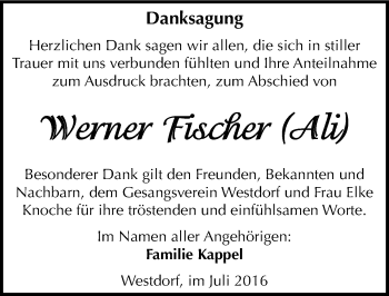 Traueranzeige von Werner Fischer von Mitteldeutsche Zeitung Aschersleben
