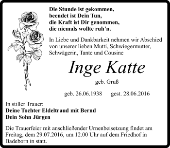 Traueranzeige von Inge Katte von Mitteldeutsche Zeitung Quedlinburg