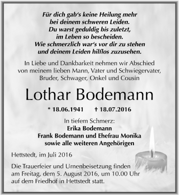 Traueranzeige von Lothar Bodemann von Mitteldeutsche Zeitung Mansfelder Land