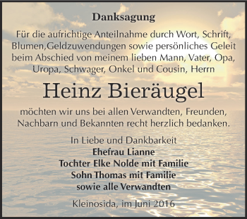 Traueranzeige von Heinz Bieräugel von Super Sonntag Zeitz
