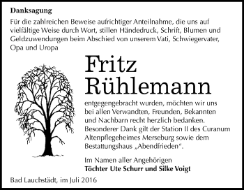 Traueranzeige von Fritz Rühlemann von WVG - Wochenspiegel Merseburg