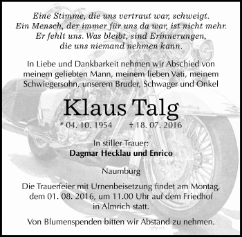 Traueranzeige von Klaus Talg von Mitteldeutsche Zeitung Naumburg/Nebra