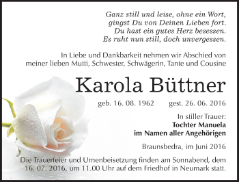 Traueranzeige von Karola Büttner von Mitteldeutsche Zeitung Merseburg/Querfurt