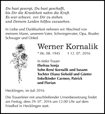 Traueranzeige von Werner Kornalik von Mitteldeutsche Zeitung Mansfelder Land