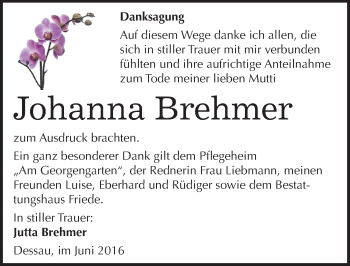 Traueranzeige von Johanna Brehmer von Mitteldeutsche Zeitung Dessau-Roßlau