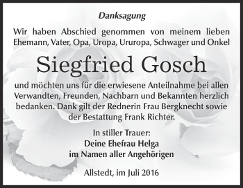 Traueranzeige von Siegfried Gosch von Super Sonntag SGH Mansf. Land