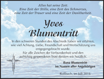 Traueranzeige von Yves Blumentritt von Mitteldeutsche Zeitung Merseburg/Querfurt