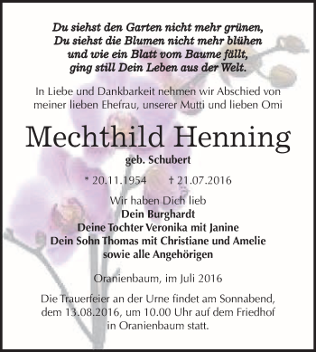 Traueranzeige von Mechthild Henning von WVG - Wochenspiegel Wittenberg
