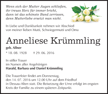Traueranzeige von Anneliese Krümmling von Mitteldeutsche Zeitung Dessau-Roßlau