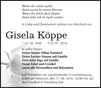 Traueranzeige von Gisela Köppe von Mitteldeutsche Zeitung Halle/Saalkreis