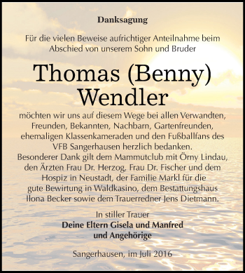 Traueranzeige von Thomas Wendler von Super Sonntag SGH Mansf. Land