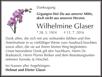 Traueranzeige von Wilhelmine Glaser von Mitteldeutsche Zeitung Halle/Saalkreis