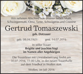 Traueranzeige von Gertrud Tomaszewski von WVG - Wochenspiegel Bitterfeld