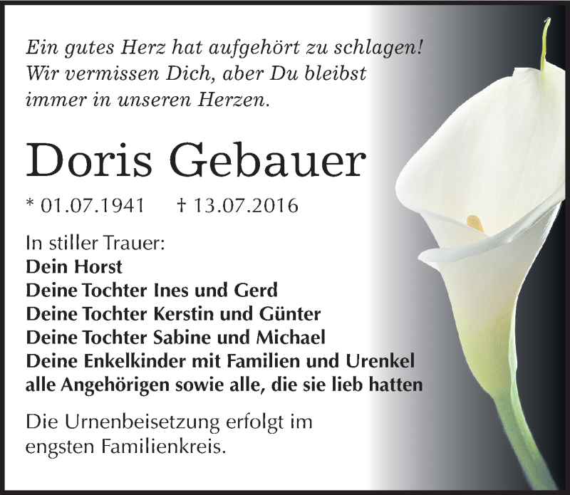  Traueranzeige für Doris Gebauer vom 23.07.2016 aus Mitteldeutsche Zeitung Bitterfeld