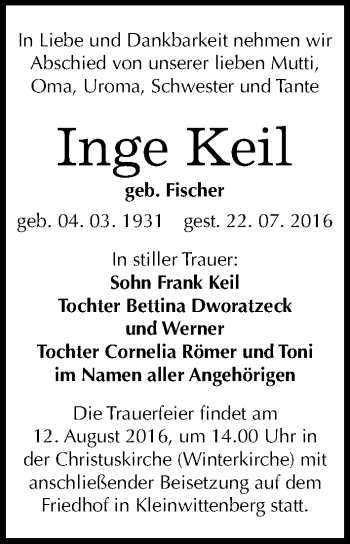 Traueranzeige von Inge Keil von Mitteldeutsche Zeitung Naumburg/Nebra