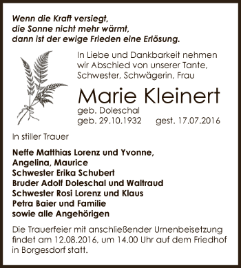 Traueranzeige von Marie Kleinert von Super Sonntag Bernburg