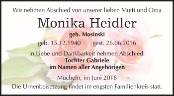 Traueranzeige von Monika Heidler von WVG - Wochenspiegel Merseburg