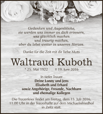 Traueranzeige von Waltraud Kuboth von Super Sonntag Zeitz