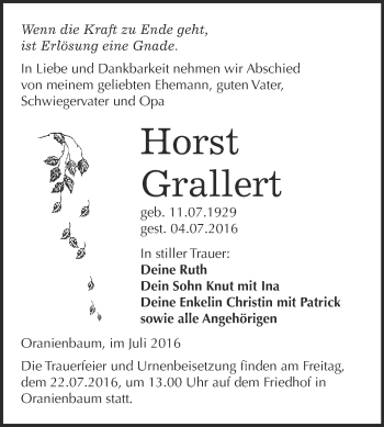 Traueranzeige von Horst Grallert von WVG - Wochenspiegel Wittenberg