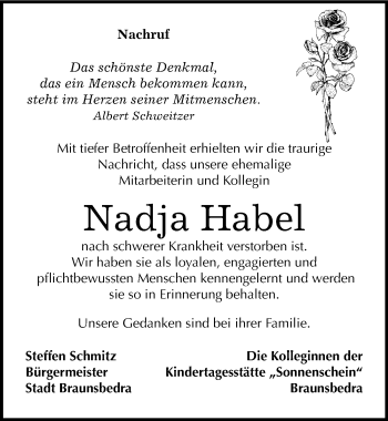 Traueranzeige von Nadja Habel von Mitteldeutsche Zeitung Merseburg/Querfurt