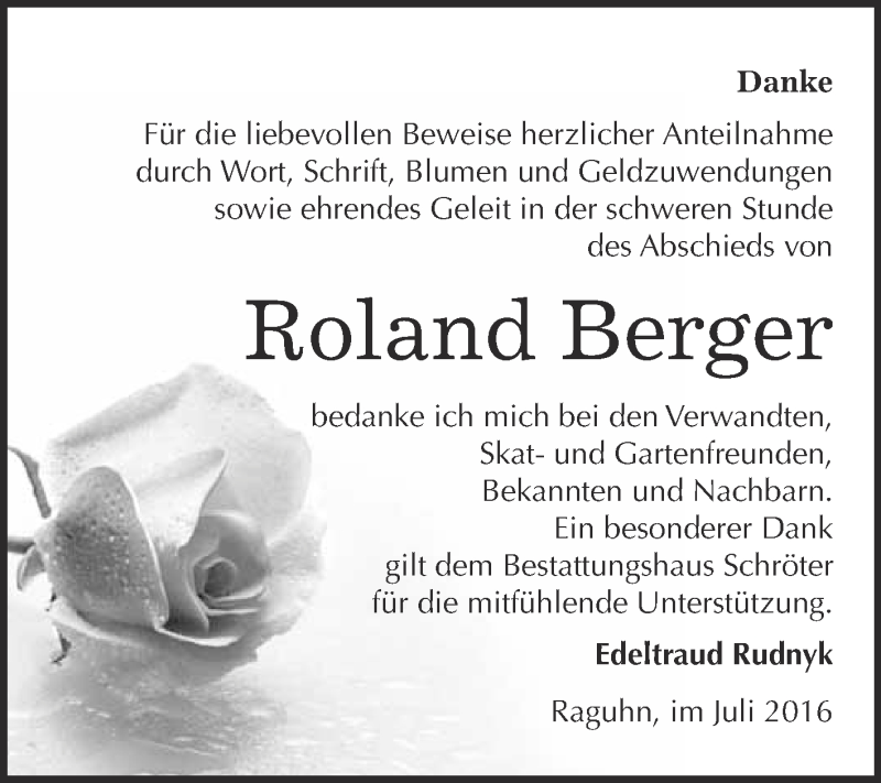  Traueranzeige für Roland Berger vom 13.07.2016 aus WVG - Wochenspiegel Bitterfeld