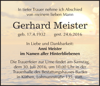 Traueranzeige von Gerhard Meister von Mitteldeutsche Zeitung Köthen