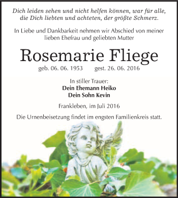 Traueranzeige von Rosemarie Fliege von WVG - Wochenspiegel Merseburg