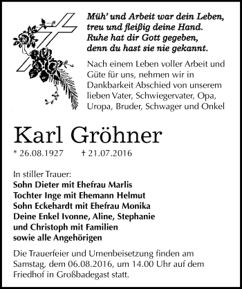 Traueranzeige von Karl Gröhner von Mitteldeutsche Zeitung Köthen