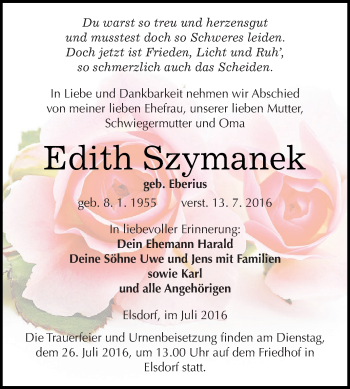 Traueranzeige von Edith Szymanek von WVG - Wochenspiegel Dessau / Köthen