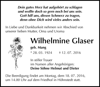Traueranzeige von Wilhelmine Glaser von Mitteldeutsche Zeitung Halle/Saalkreis