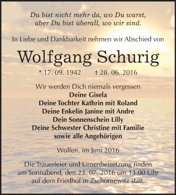 Traueranzeige von Wolfgang Schurig von WVG - Wochenspiegel Bitterfeld