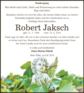 Traueranzeige von Robert Jaksch von WVG - Wochenspiegel Dessau / Köthen