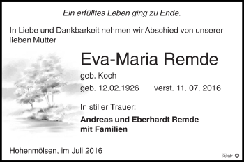 Traueranzeige von Eva-Maria Remde von WVG - Wochenspiegel NMB / WSF / ZTZ