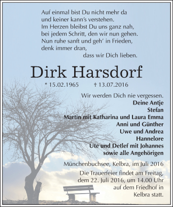 Traueranzeige von Dirk Harsdorf von Mitteldeutsche Zeitung Sangerhausen
