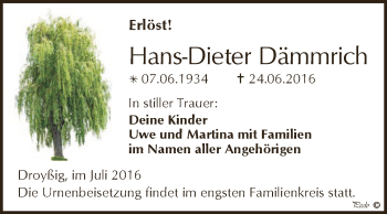 Traueranzeige von Hans-Dieter Dämmrich von Super Sonntag Zeitz