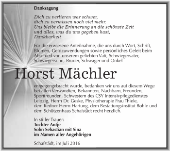 Traueranzeige von Horst Mächler von WVG - Wochenspiegel Merseburg