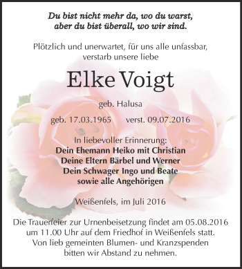 Traueranzeige von Elke Voigt von WVG - Wochenspiegel NMB / WSF / ZTZ